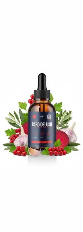 Cardioflush heart health liquid dropper bottle surrounded by hawthorn berries, garlic, beetroot and herbs