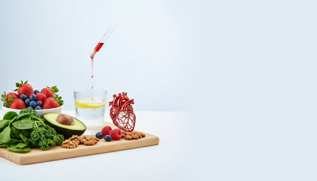 Heart-health foods beside Cardioflush drops: hawthorn berries, beetroot, garlic and hibiscus